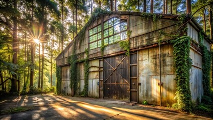 Sunlit Rustic Building Overgrown with Vines in a Wooded Area