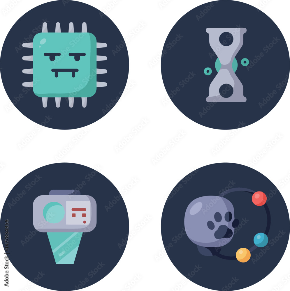 Aufkleber technology and science icons set including microchip hourglass radar and atomic model vector illustr