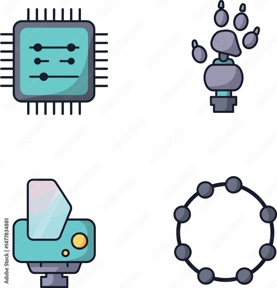 Aufkleber technology themed vector icons including microchip robotic hand scanner and network circle illustrat