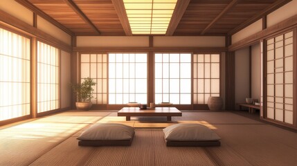 Minimalist, japandi interior design of modern living or dining room.
