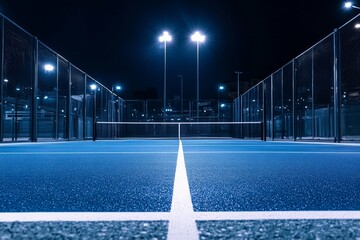 blue color padel court  under bright lights, at night, with the court lines sharply defined against a minimal background and plenty of copy space, sports hobby