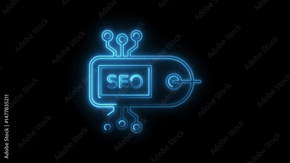 Poster glowing neon seo icon animation on dark background enhancing digital strategy and search engine opti