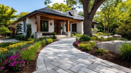 Beautiful home entrance amidst landscaped flower garden