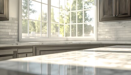 Interior kitchen scene with sunlight and marble countertop.