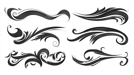 Fototapeta premium Swoosh tails. Swirl sport typography element, isolated curly text pennants. Black retro calligraphy strokes or ornament designs vector set illustration , no logos, no brands