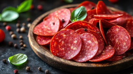 Sliced pepperoni on wooden plate. Freshly sliced pepperoni slices arranged on a wooden plate