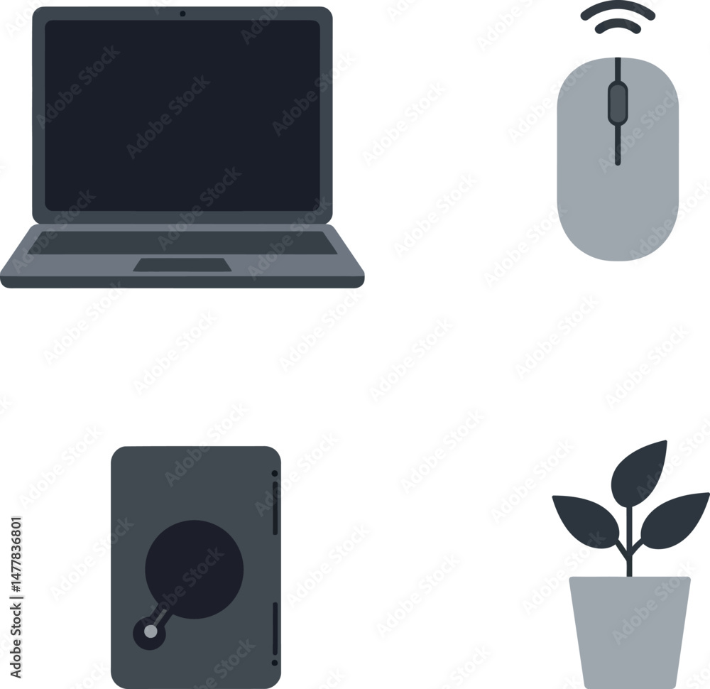 Poster laptop computer wireless mouse notebook and potted plant vector icons set