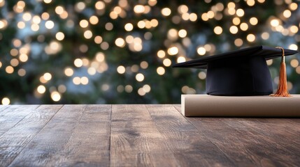 Graduation cap diploma on wood table with bokeh background