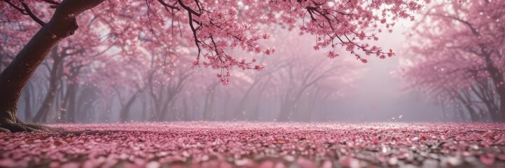 Mesmerizing pink sakura petal fall, hazy background,  abstract,  movement,  image
