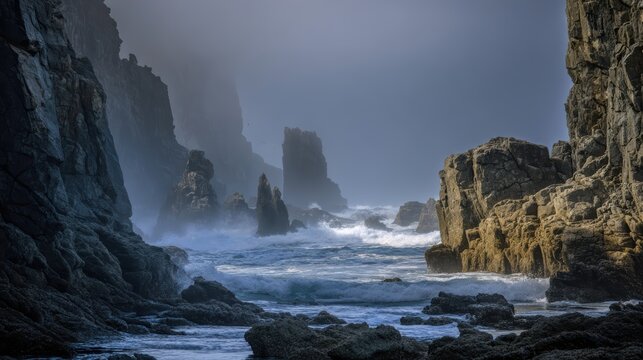 Majestic coastal landscape with dramatic rocky cliffs and powerful ocean waves under a misty sky capturing the raw beauty of nature