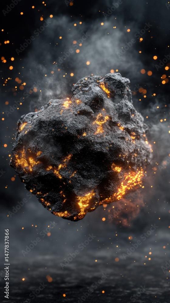 Poster dramatic close up of fiery asteroid floating in space with intense heat and smoke particles for scie