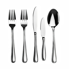 Set of 5 Silver Metal Cutlery Utensils isolated PNG with Transparent Background