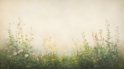 Delicate wildflowers in a soft, misty meadow scene.