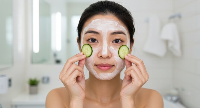 woman making cucumber face mask
