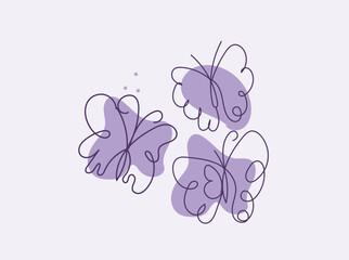 Three Abstract Butterflies Line Art Design Element Purple Background