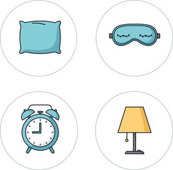 Blue Pillow Sleep Mask Alarm Clock and Lamp Vector Icons for Bedroom Comfort and Rest 