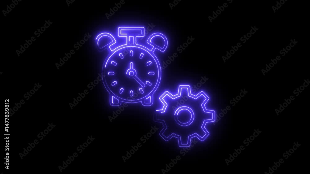 Poster neon clock and gear animation representing time management and productivity on a black background