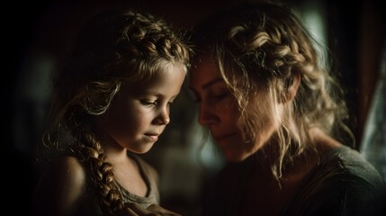 Fototapeta premium A mother braiding her daughter's hair before school, soft morning light through the window