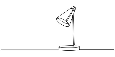 A simple line drawing of a desk lamp. It shows the lamp's shape and features in a single continuous line. continuous single one line art concept, Table study lamp outline drawing illustration. one.
