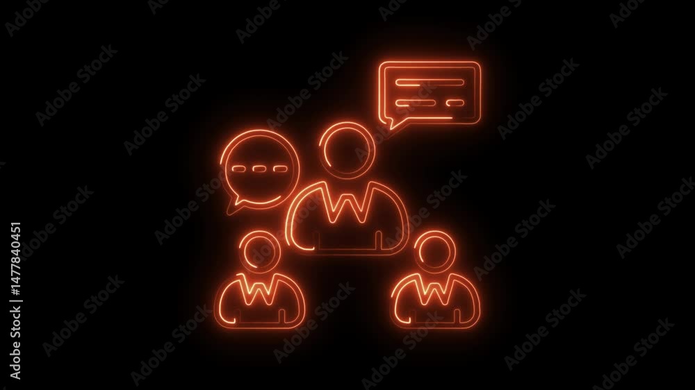 Poster neon style teamwork and communication icon animation on black background for business concepts
