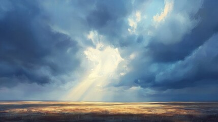 A dramatic, stormy sky with rays of sunlight breaking through the clouds over an open field