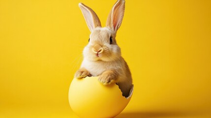 Obraz premium Adorable bunny sits inside yellow Easter egg. Bright yellow background. Springtime scene. Cute and fluffy bunny. Happy Easter. Celebration. Family fun. Holiday. Kids love this photo.
