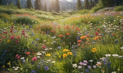 Fototapeta premium Lush meadow, wildflowers bursting with color, sunny day , sunlight, colorful