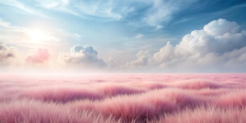 Serene Pink Grassland Under a Dreamy Sky with Soft Clouds and Gentle Light