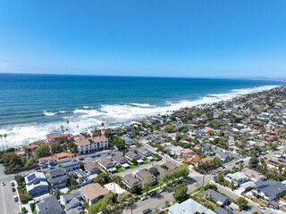 Aerial view of wealthy Encinitas town with blue ocean in San Diego, South California, USA. 