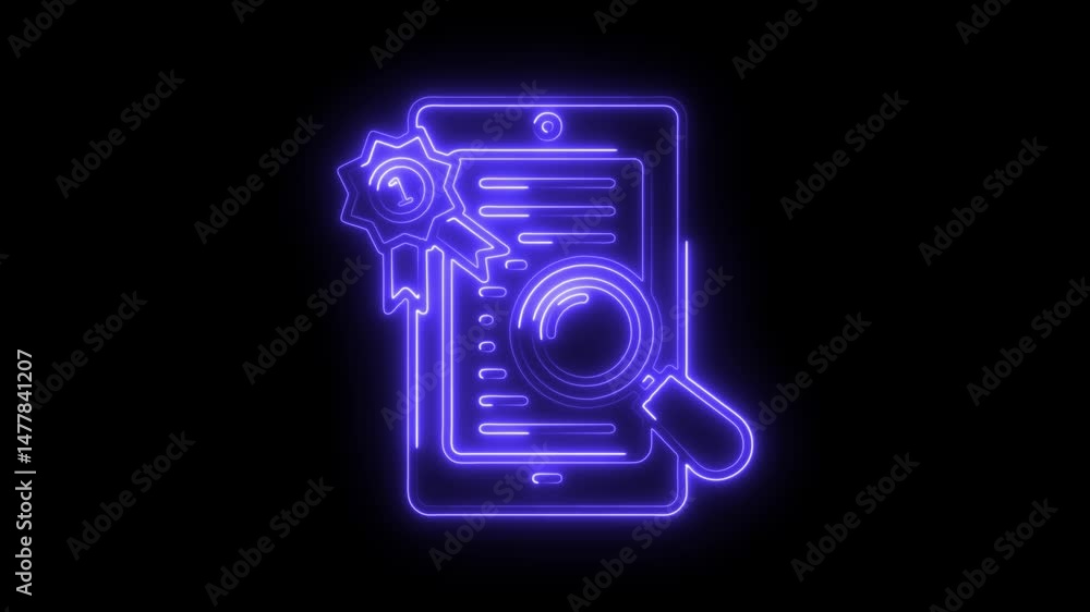 Poster certificate verification process with magnifying glass and ribbon neon style on black background