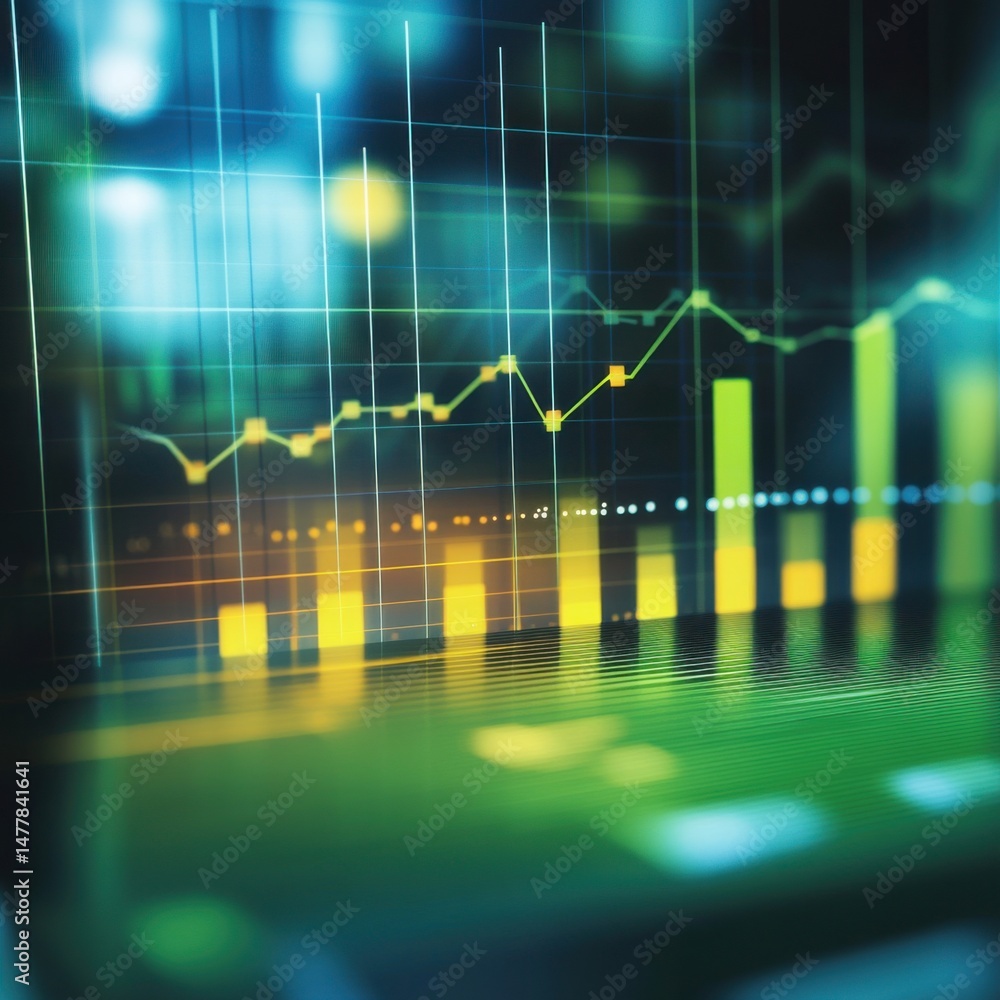 Poster financial graph chart showing stock market data analysis and investment trends on screen display wit