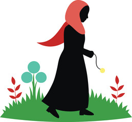 Hijab Fashion Silhouettes with Quran, Rehal, and Islamic Lifestyle in Nature, Modest Muslim Women Illustrations