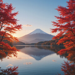 Fototapeta premium Serene Autumn Sunrise Over Mount Fuji Reflected in a Calm Lake