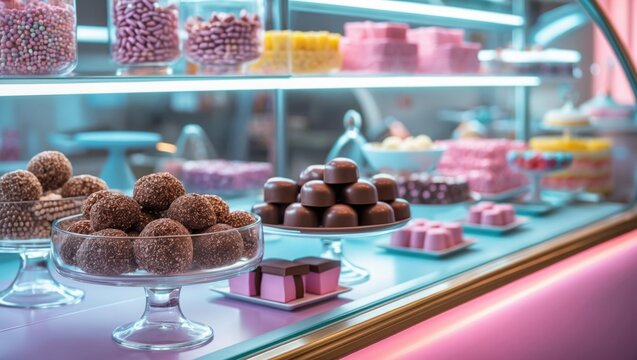 Assorted Sweets Displayed in Candy Shop Showcase. Chocolate truffles and assorted desserts in pink and yellow colors are on display