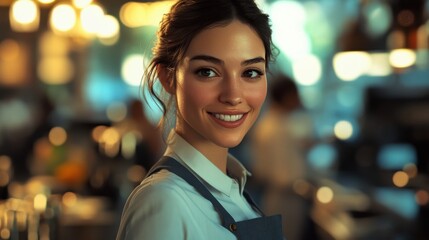 Portrait of a smiling waitress at a busy restaurant