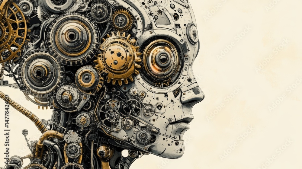 Poster mechanical head of a futuristic robot profile view.