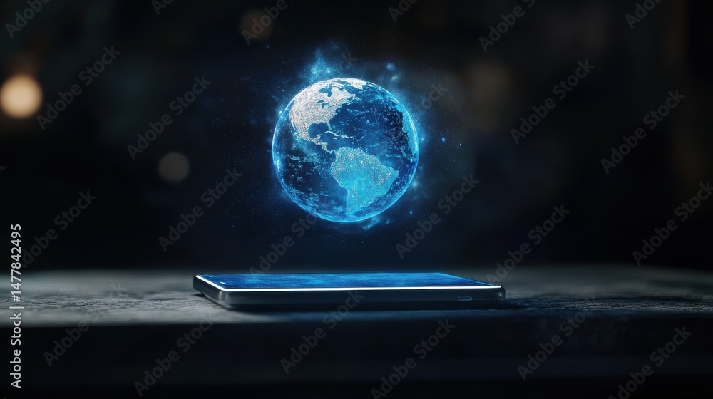 Aufkleber a smartphone with an interactive holographic globe floating above it, representing global connectivi