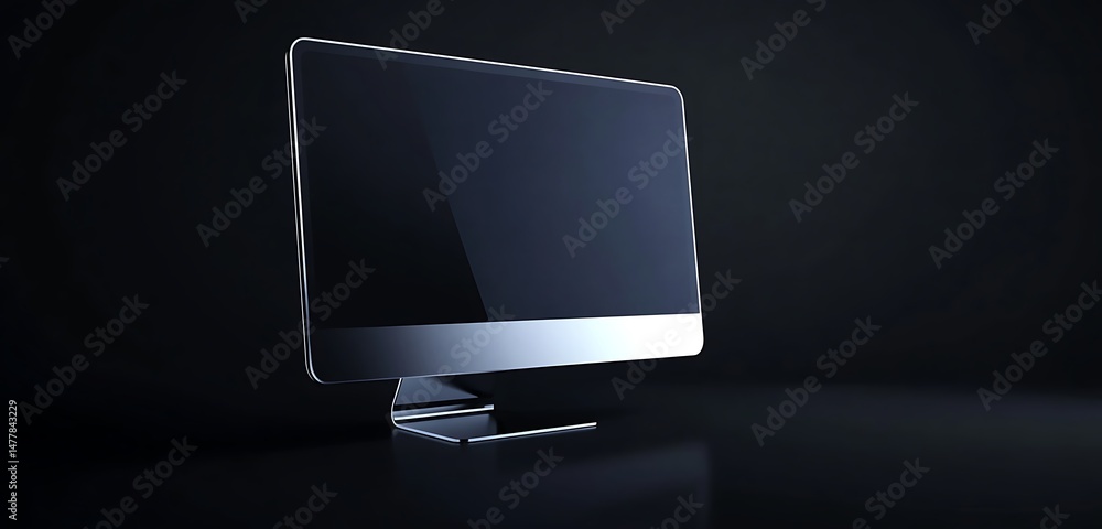 Poster a glossy 3d computer monitor icon with beveled edges, sitting on a sleek matte black background