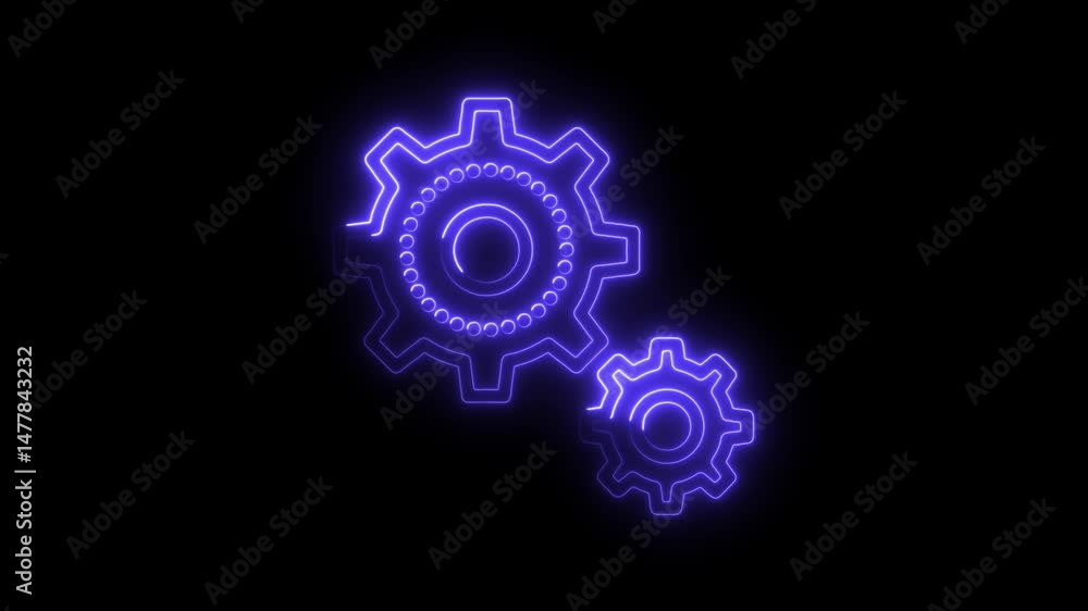 Poster glowing neon gears rotating on black background technology and engineering concepts