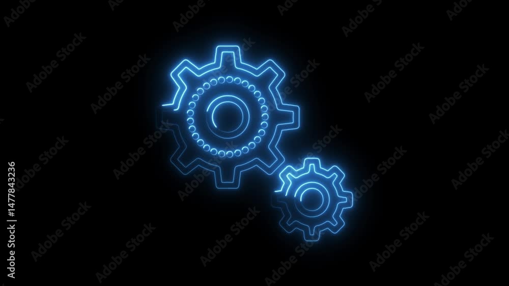 Poster animated neon gears rotating in dark space for technology and engineering concepts