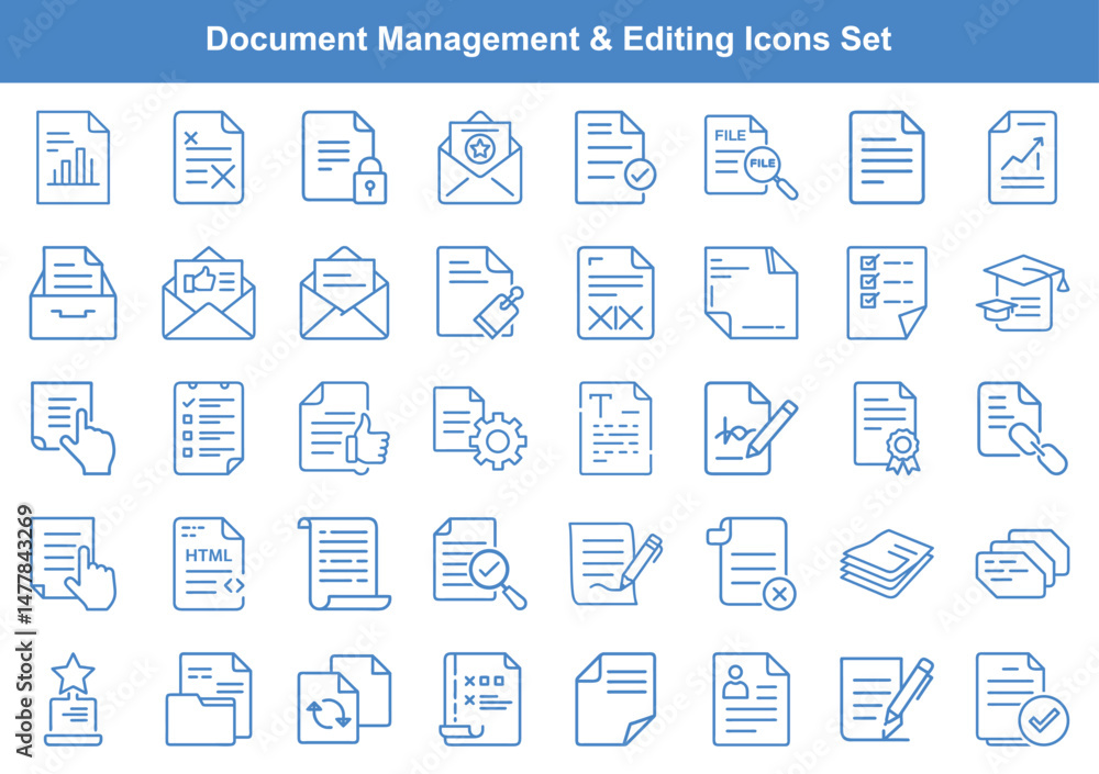 Poster document management and editing outline icons set for digital workflow and organization