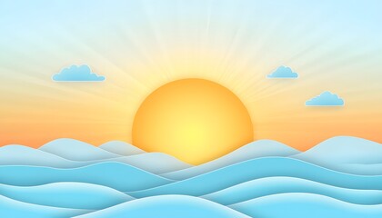 Obraz premium Colorful paper cut sunrise over wavy ocean.