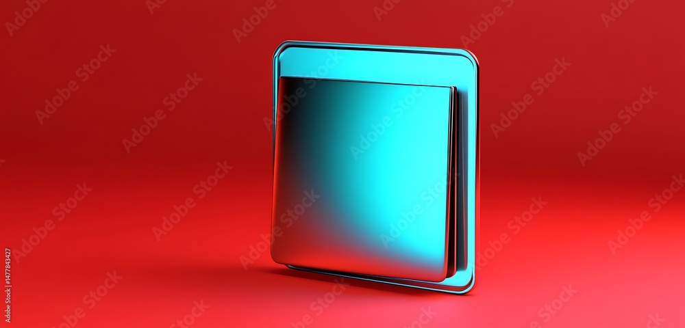 Poster a glowing cyan 3d vector file icon with metallic texture on a smooth red background.