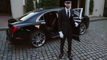 Private chauffeur standing by luxury car, door open for passenger, concept of VIP transfer and premium transportation