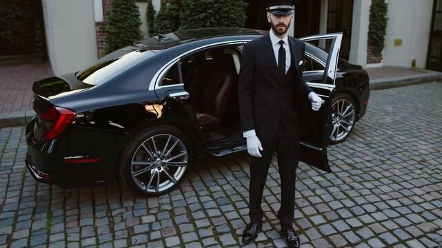 Private chauffeur standing by luxury car, door open for passenger, concept of VIP transfer and premium transportation