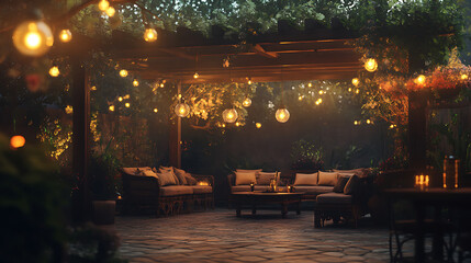 Obraz premium Urban rooftop with greenery and cozy sunset setup high resolution picture