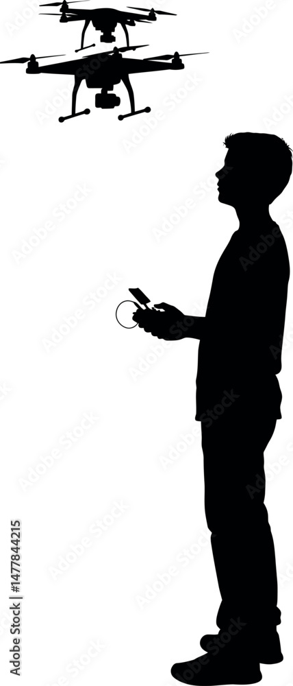Poster man operating drone flying in silhouette style with remote controller vector illustration