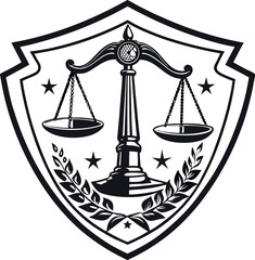 Justice scale vector in black silhouette with symmetrical design&mdash;symbol of fairness and truth in law-themed branding and logos.