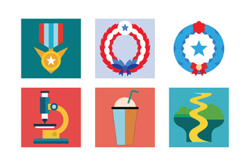 vector silhouette of Microscope, ice cream, rural road, USA flag, flower circle