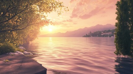 Serene sunset reflections over a tranquil lake surrounded by mountains